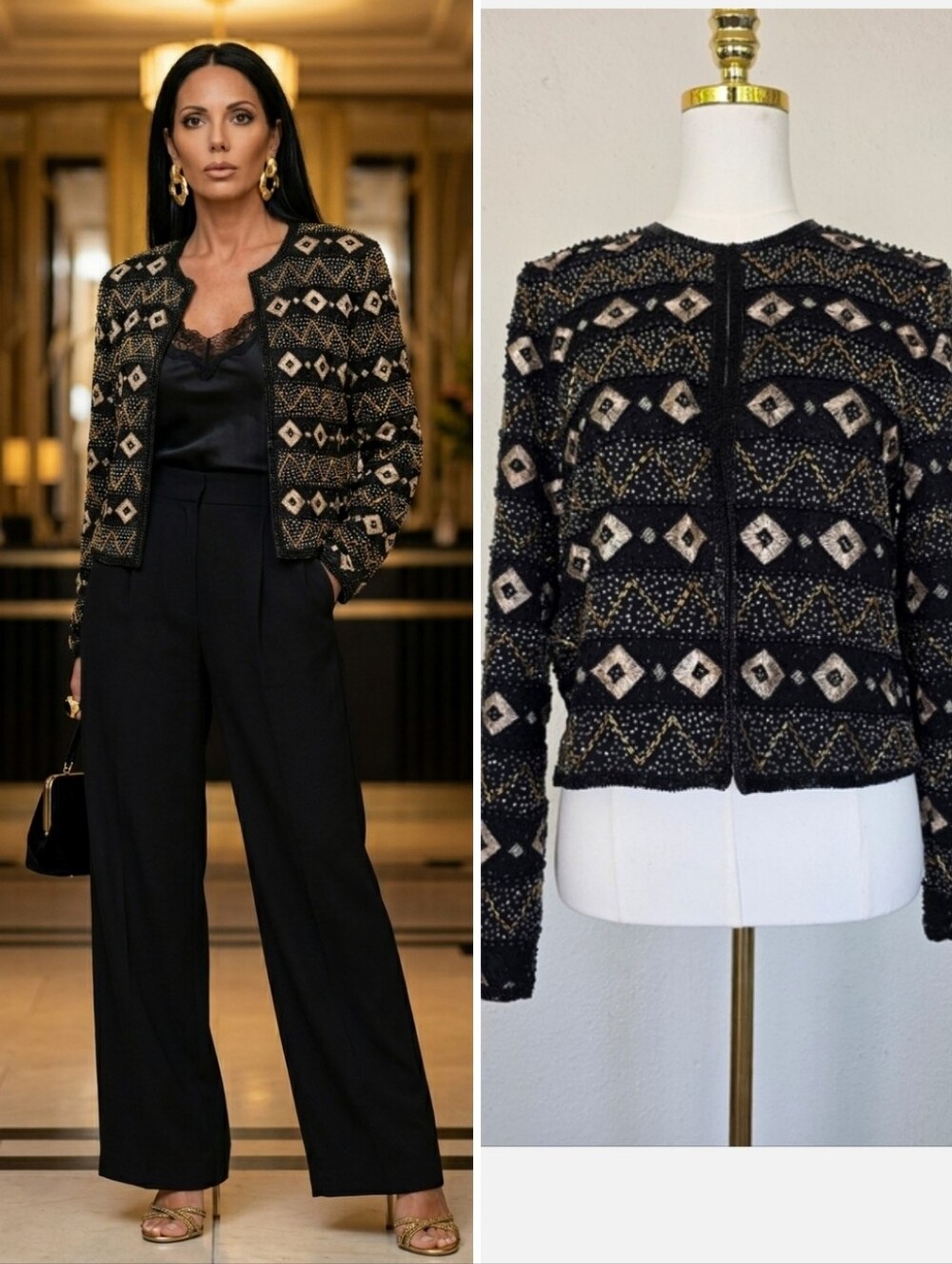 Papell Boutique Black Gold Sequin Beaded Silk Art Deco Jacket Cropped Small